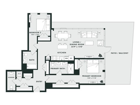 A black and white floor plan of a two bedroom apartment.